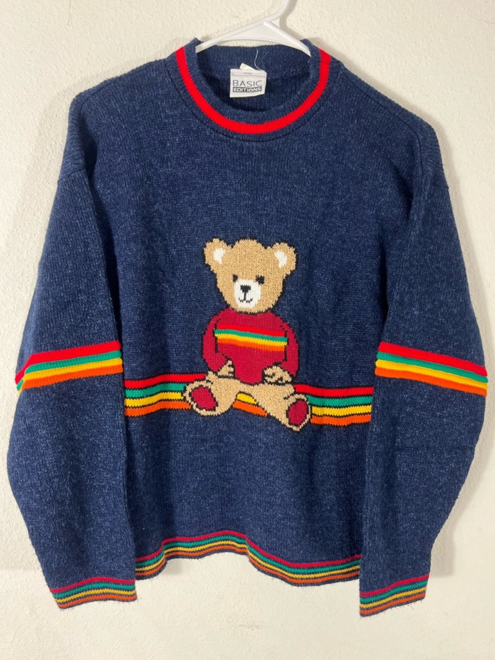 Vintage Basic Editions Teddy Bear Rainbow Stripe Novelty Knit Sweater